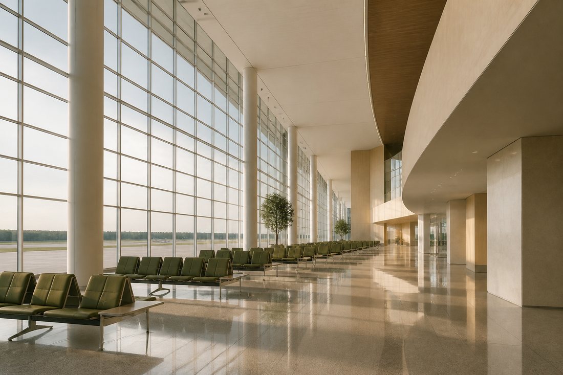 Saguão de aeroporto vazio com pé-direito altíssimo e fachada de vidro