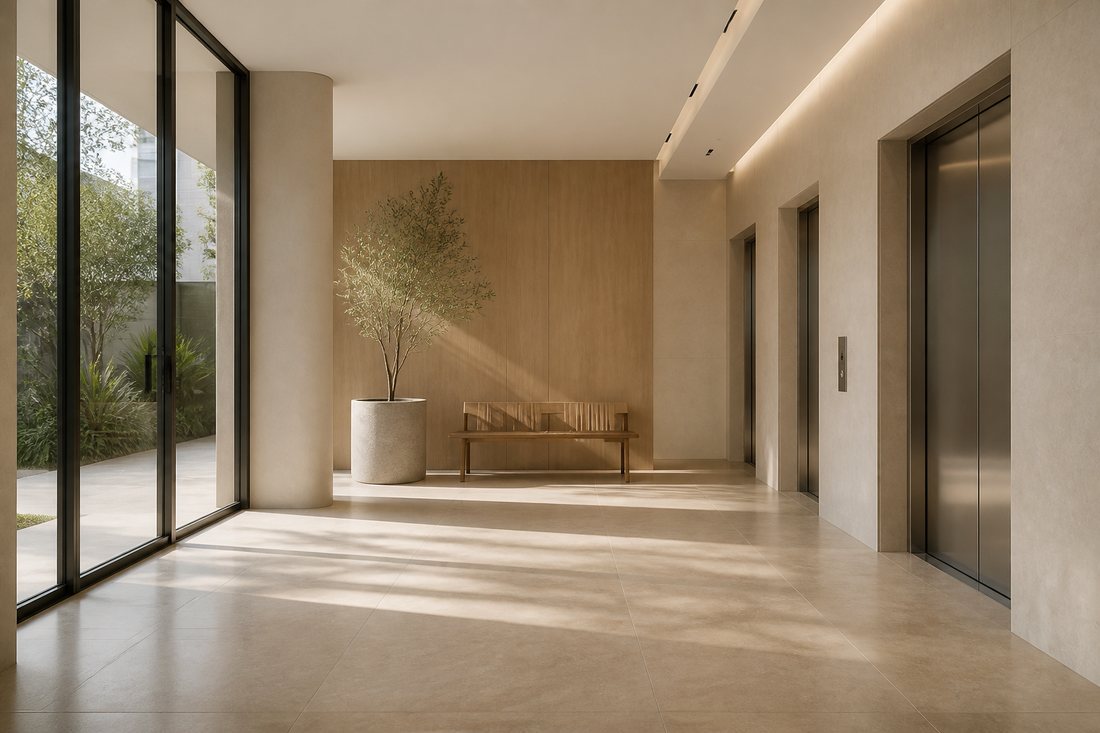 Hall de entrada de condomínio com elevadores e planta