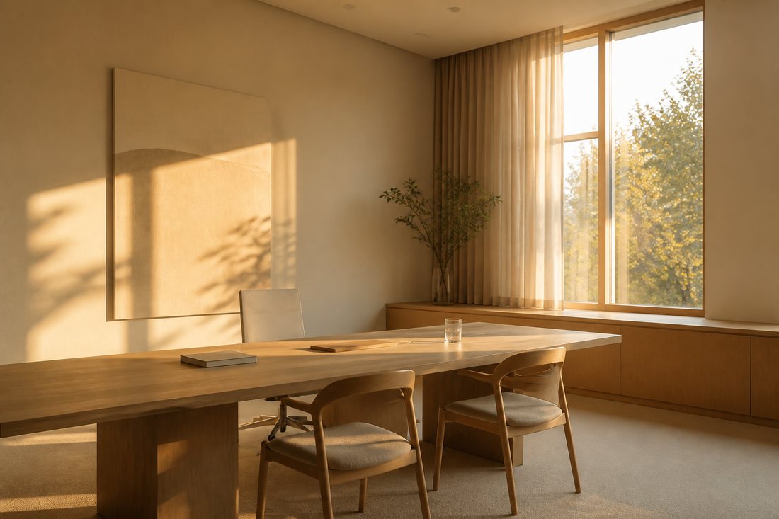 Escritório vazio no fim da tarde, com luz rasante na mesa comprida
