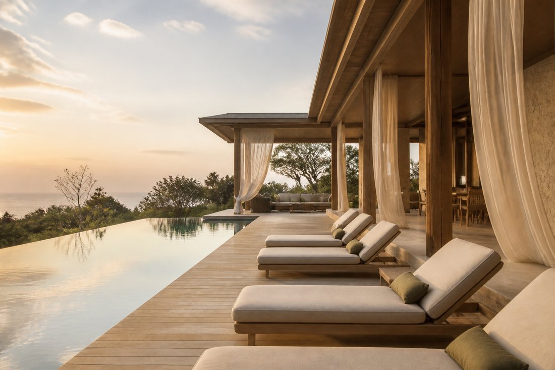 Deck de piscina de resort ao amanhecer, com espreguiçadeiras vazias
