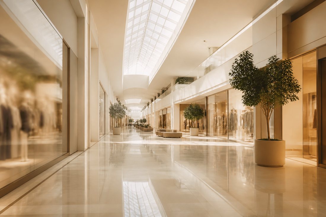 Corredor de shopping vazio com claraboia jogando luz no piso