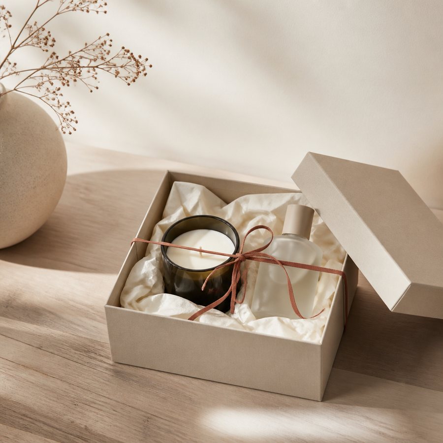 Caixa de presente creme aberta com vela e frasco em papel seda, amarrada com fita