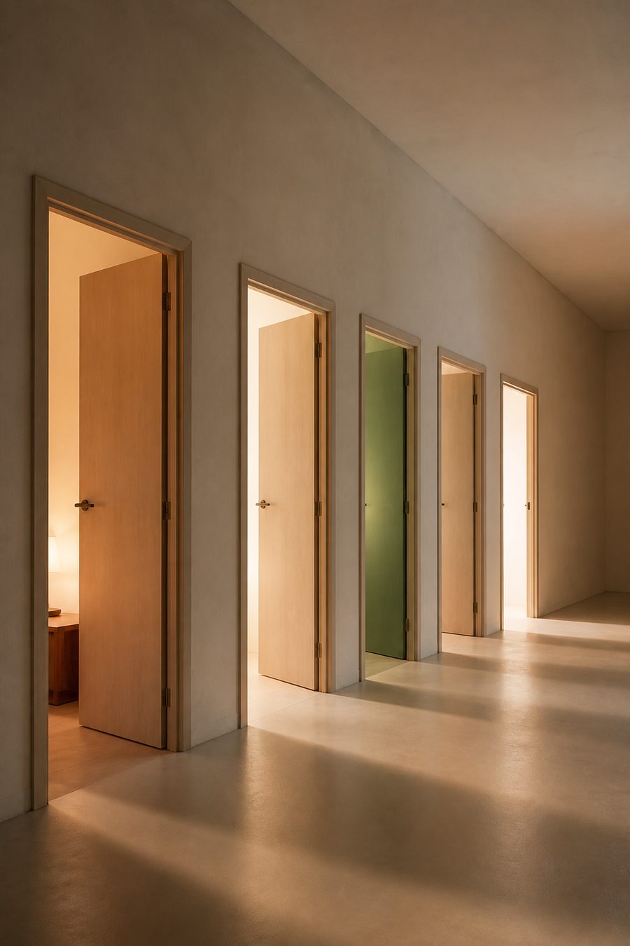 Cinco portas de madeira clara entreabertas em um corredor, cada uma com uma luz diferente