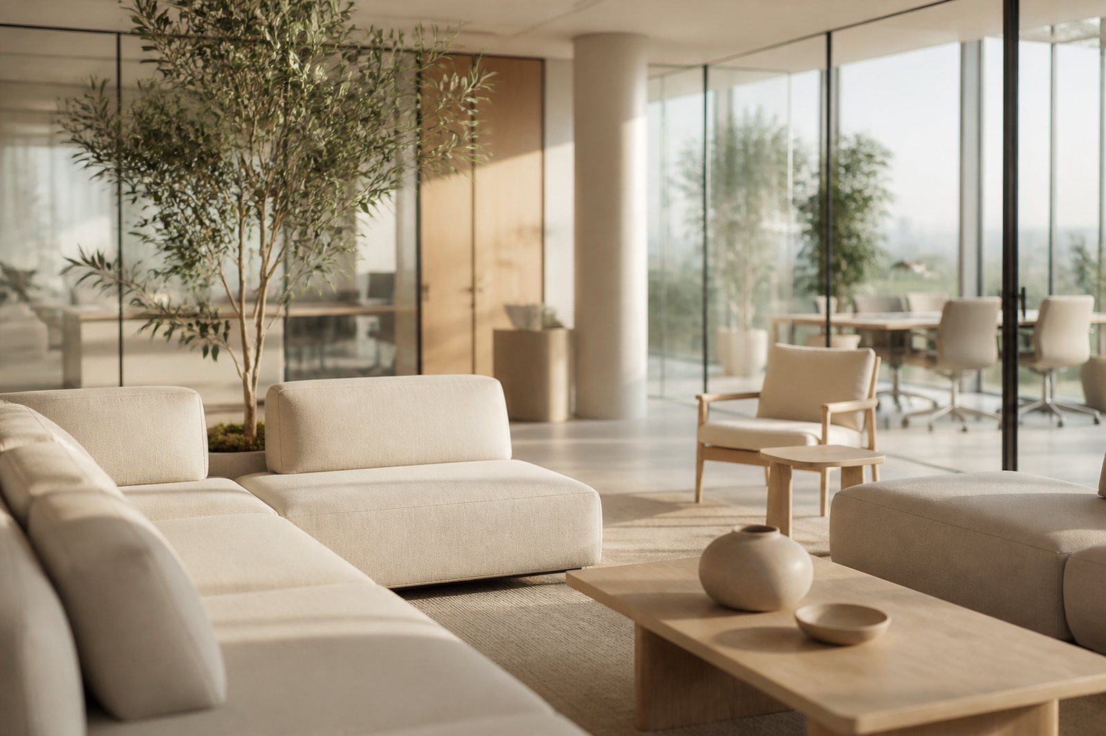 Lounge de escritório moderno com sofás claros e fachada de vidro